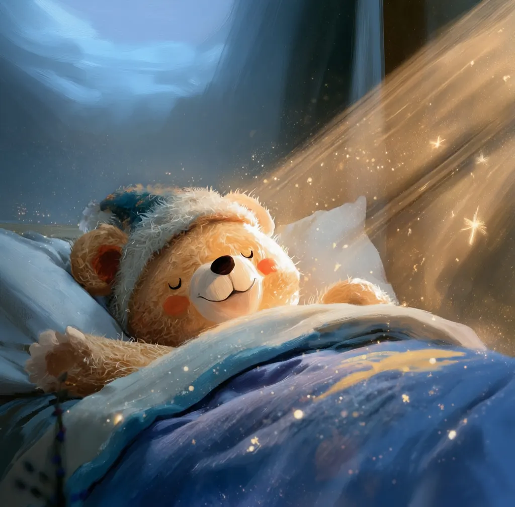 Bedtime routine — teddy bear asleep under a starry blanket