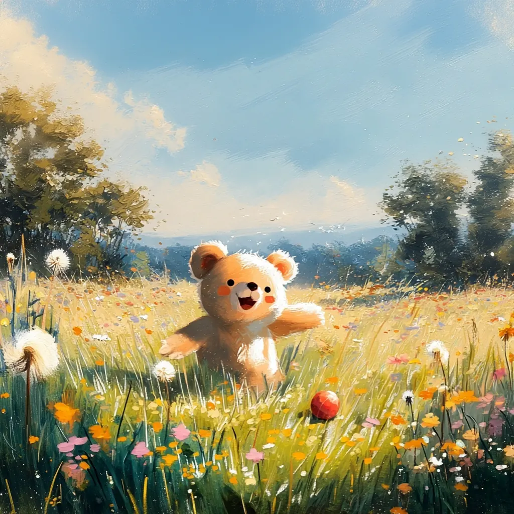 After-school routine — teddy bear playing in a summer meadow