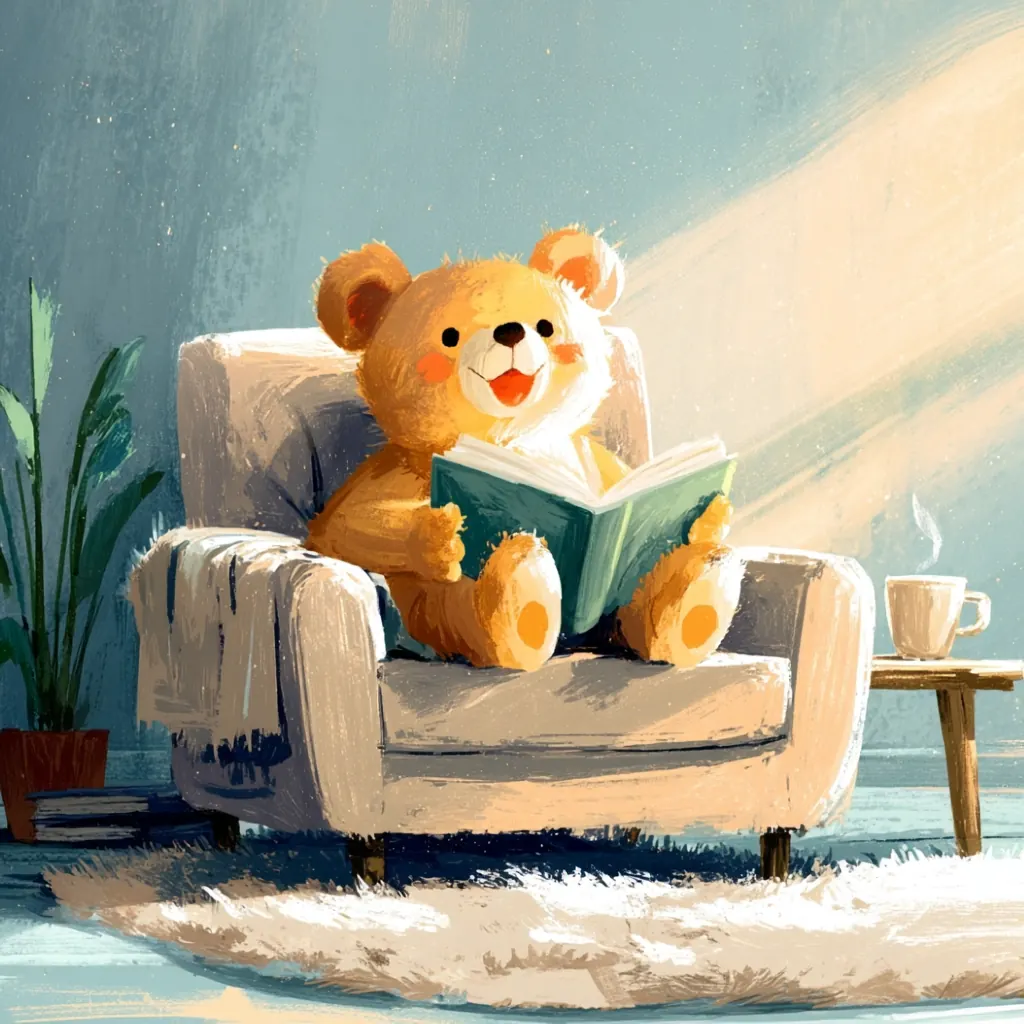 Evening routine — teddy bear reading a book in an armchair