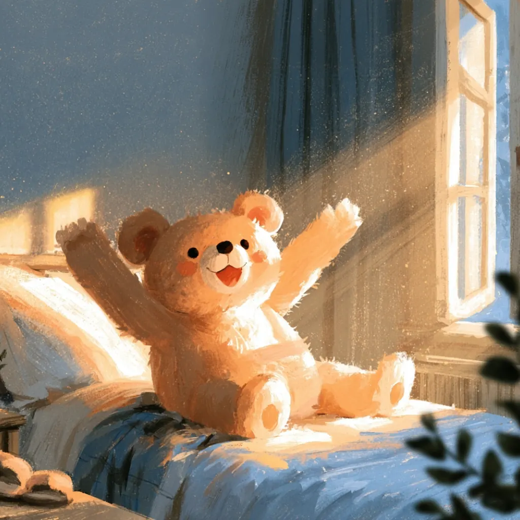 Morning routine — teddy bear stretching in the morning sun