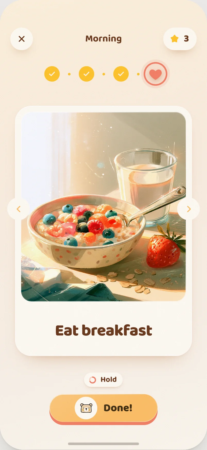 Visual schedule: one picture card at a time — eat breakfast, hold Done